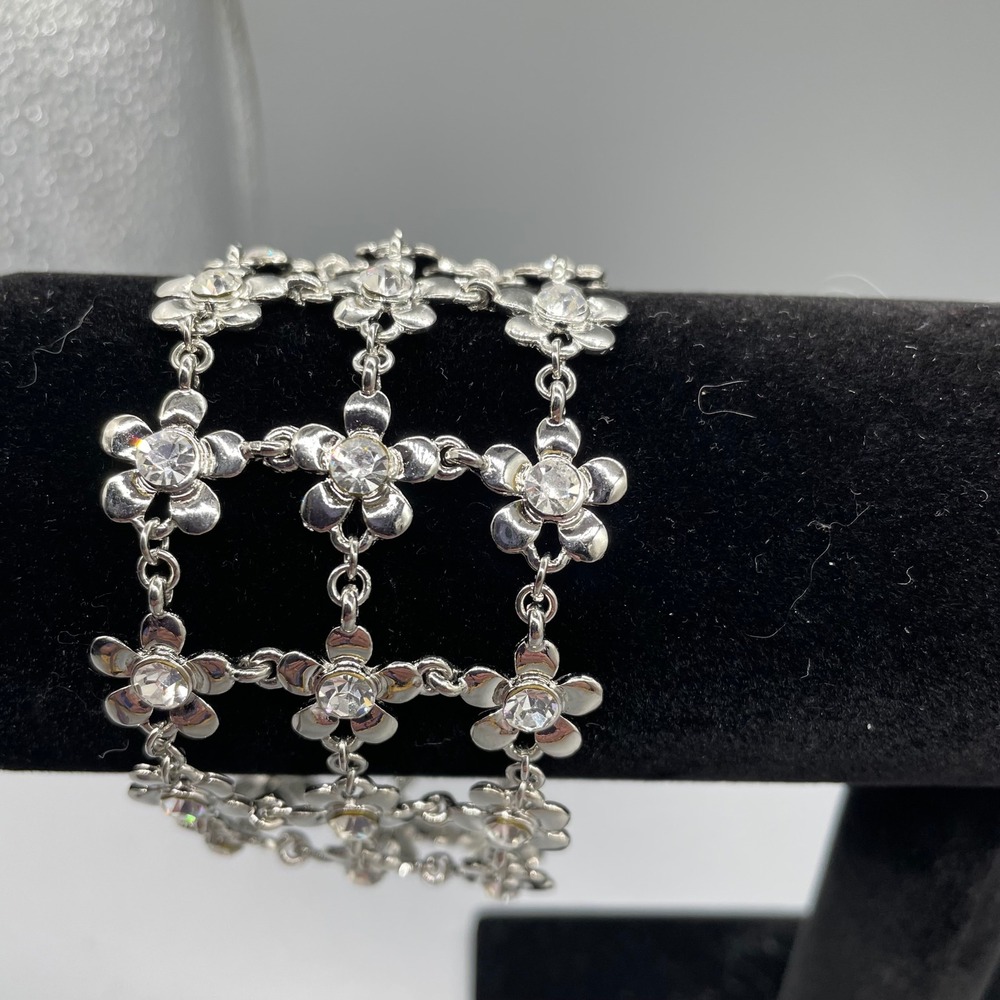 Cookie Lee Silver Tone Rhinestone Floral Grid Wide Cuff Toggle Bracelet